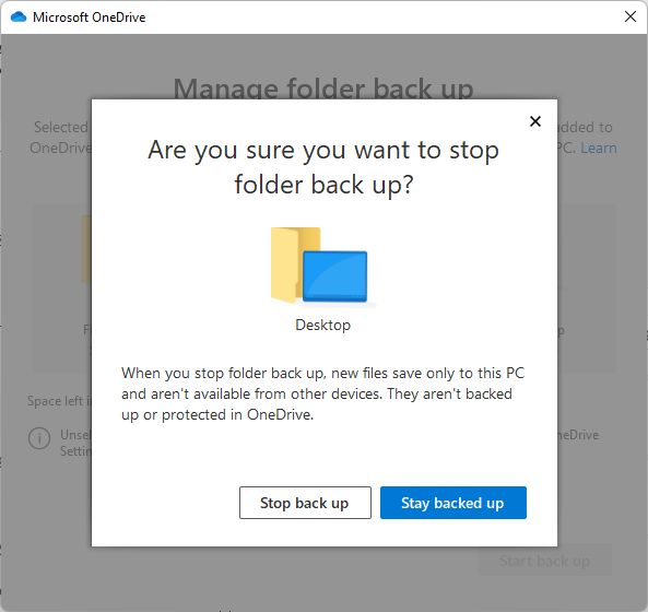 onedrive are you sure you want to stop folder back up