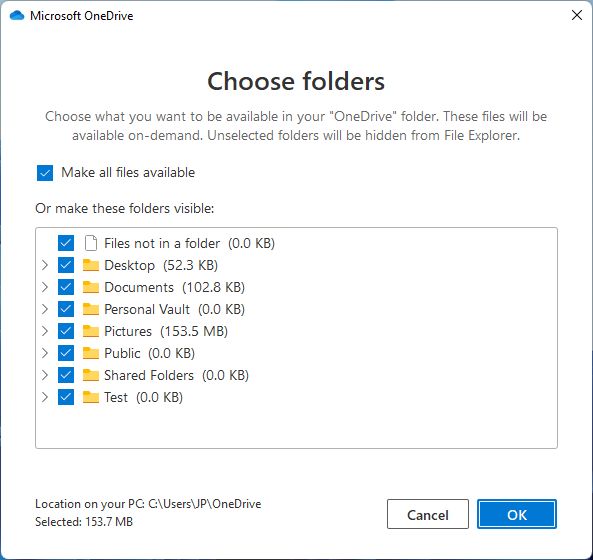 onedrive choose available folders