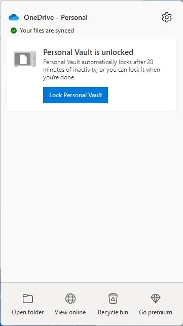 o cofre pessoal do onedrive está desbloqueado