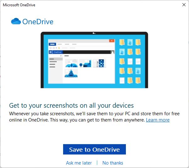 onedrive save screenshots prompt