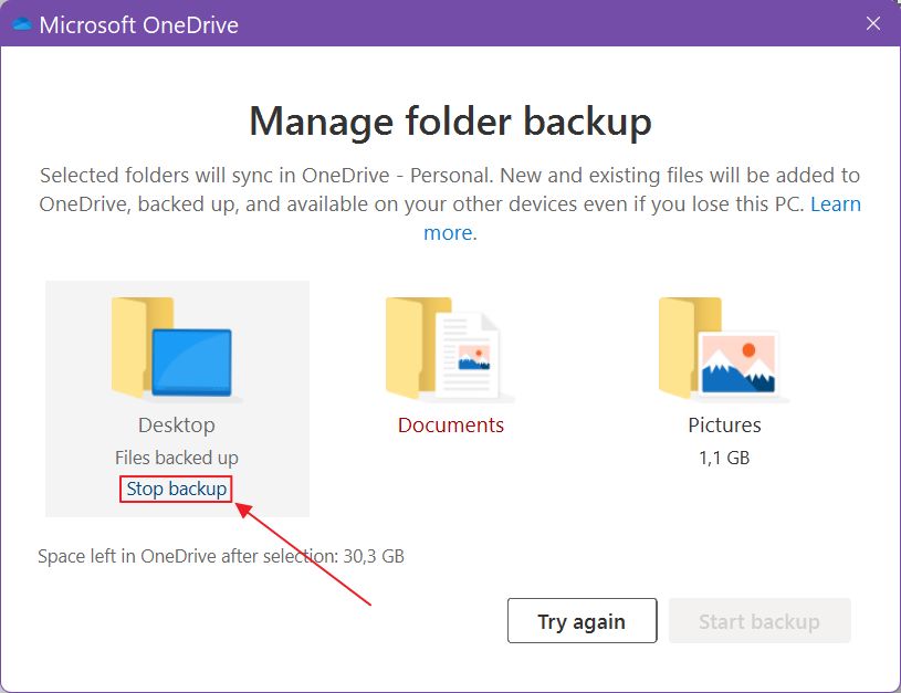 onedrive stop folder backup