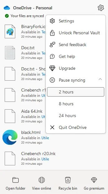 onedrive system tray menu