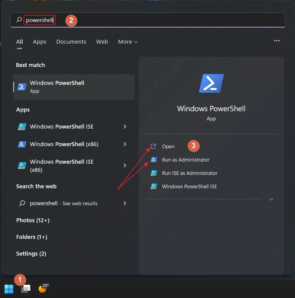 abre o powershell a partir da pesquisa do menu Iniciar