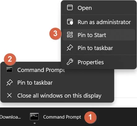 pin command prompt shortcut to start menu