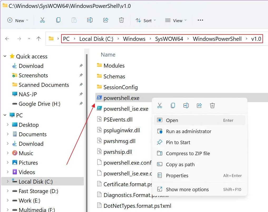 localização do ficheiro powershell pasta windows syswow64