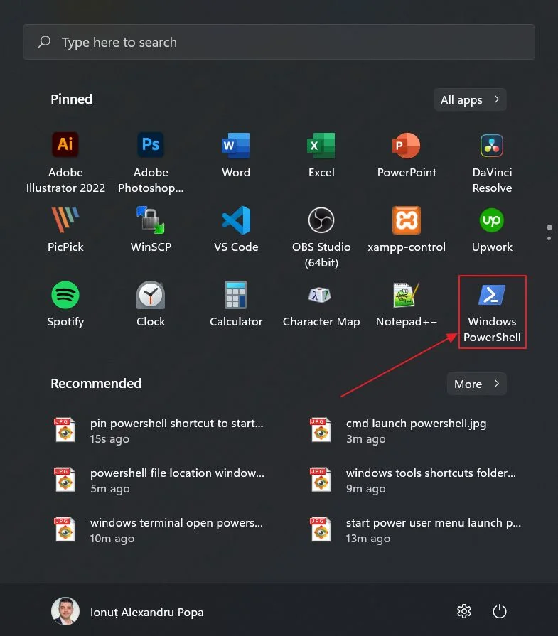powershell no menu iniciar