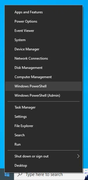 iniciar o menu do utilizador avançado lançar o powershell