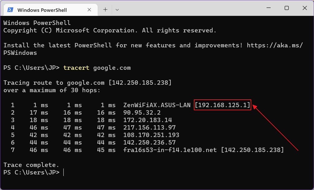 tracert command router admin ip