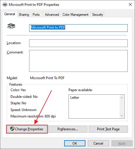 windows 10 printer properties admin rights
