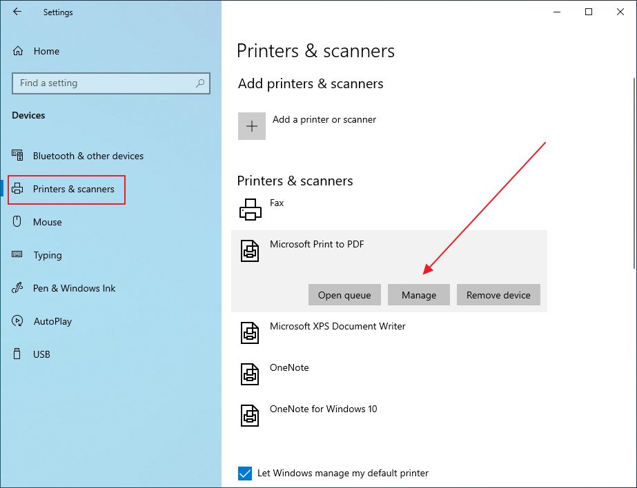 windows 10 settings manage selected printer