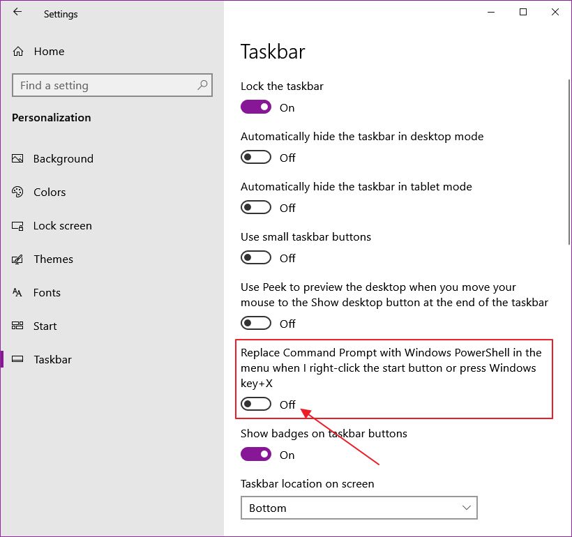 windows 10 settings taskbar replace command prompt with powershell