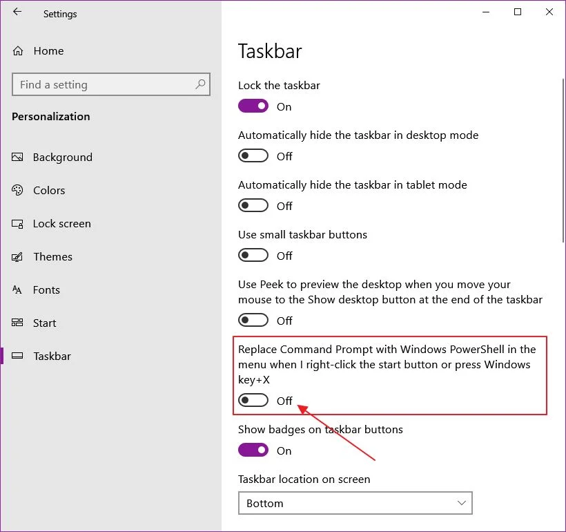windows 10 settings taskbar replace command prompt with powershell