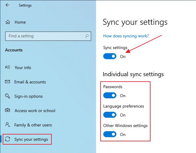 windows 10 sync your settings options