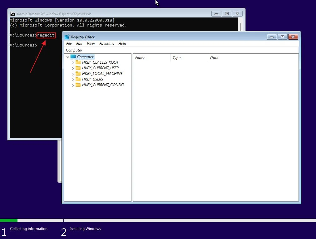 windows 11 setup command prompt regedit