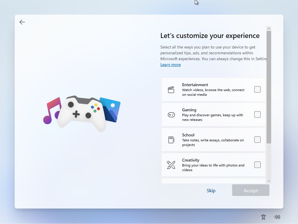 windows setup customize your experience