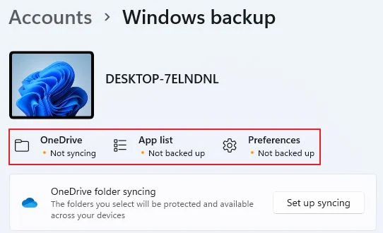 windows accounts windows backup status