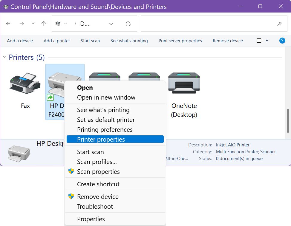 windows control panel devices printer properties