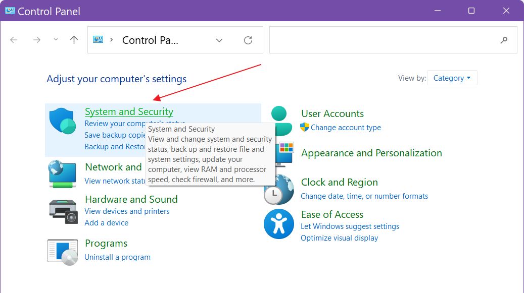 windows control panel system and security