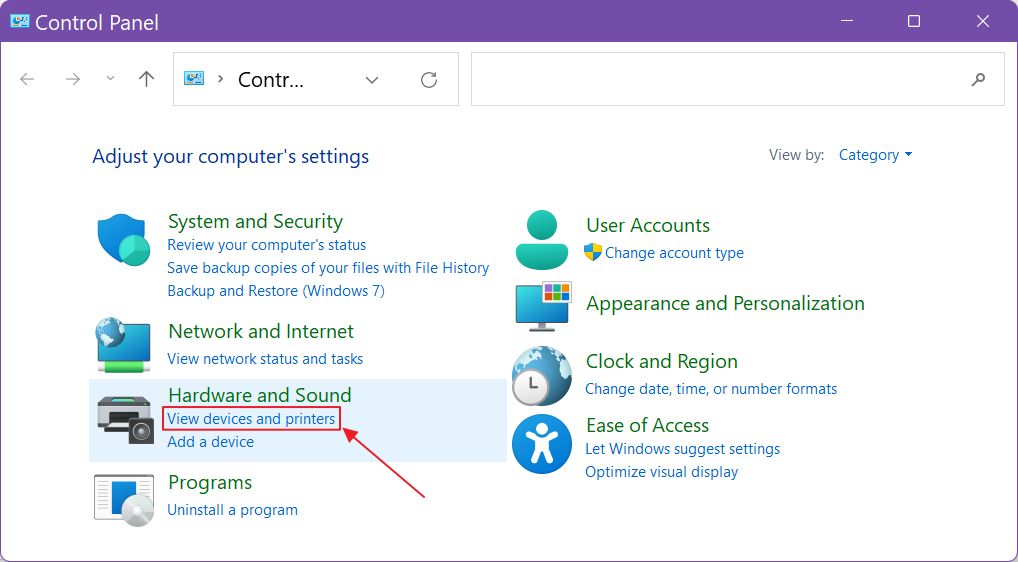 windows control panel view devices and printers