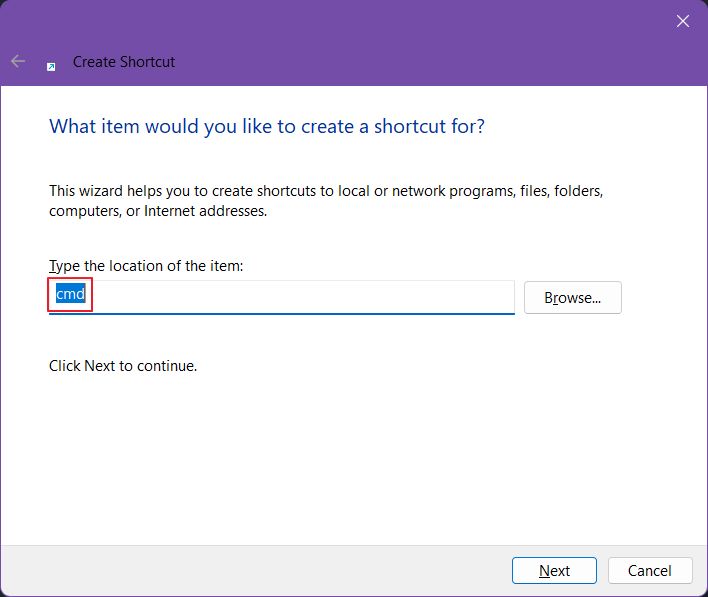windows create command prompt shortcut