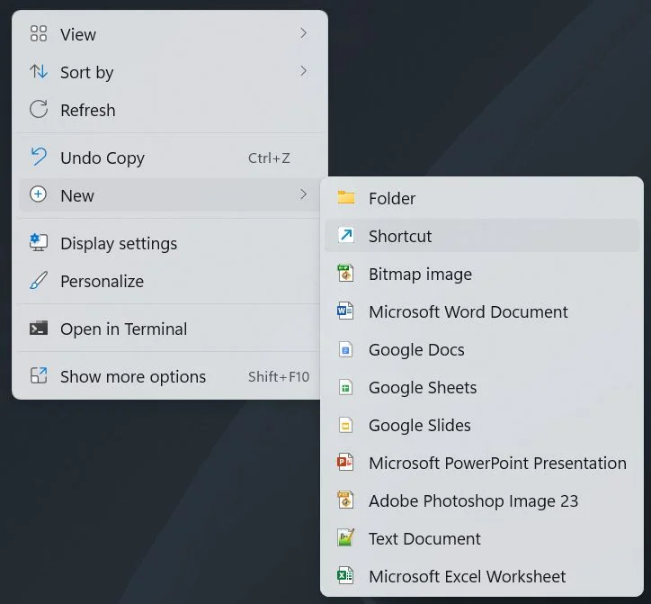 windows desktop create shortcut