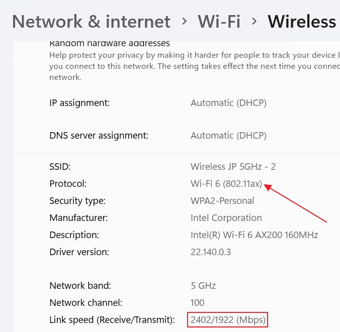 windows link speed wifi 6 connection