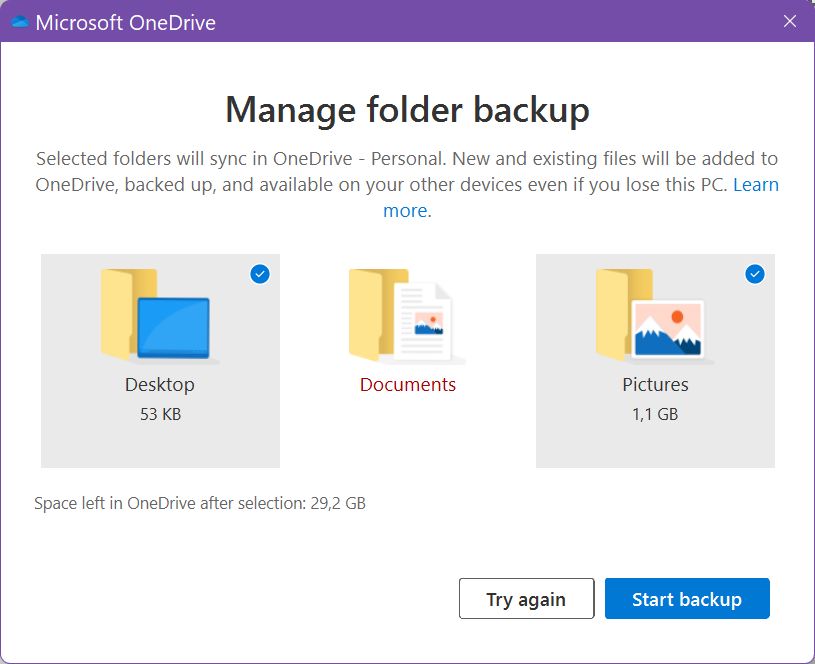 windows onedrive manage folder backup