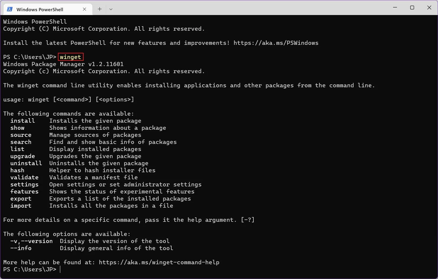 comando di lancio del gestore di pacchetti di windows