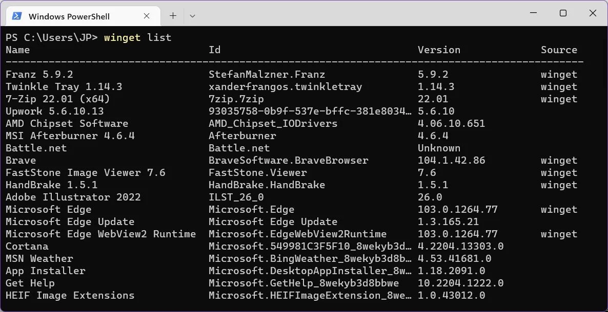 windows package manager elenca tutti i pacchetti installati