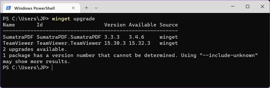 windows package manager mostra le applicazioni con aggiornamenti