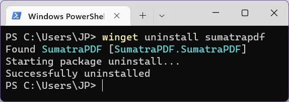 windows package manager disinstalla l'applicazione
