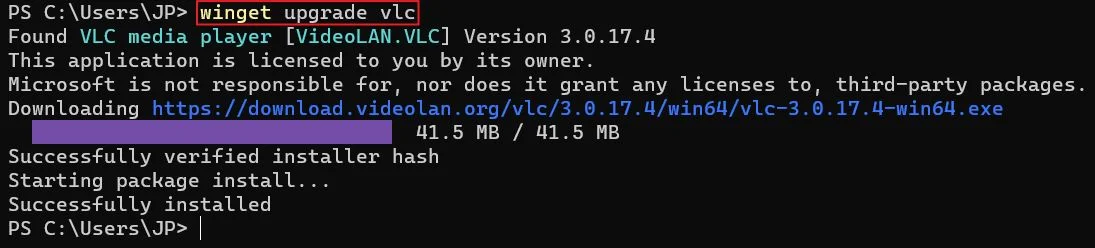 windows package manager aggiorna un'applicazione