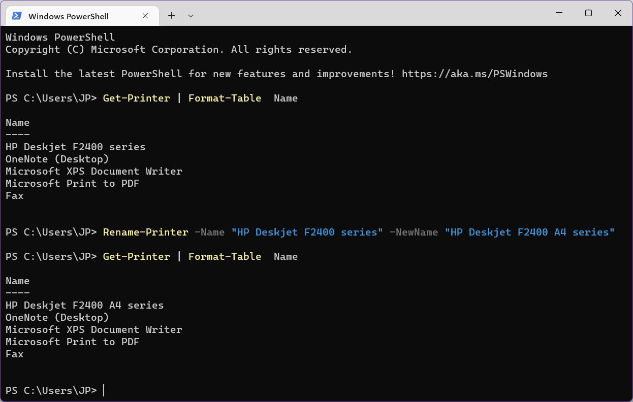 windows powershell rename printer