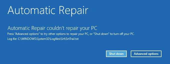 falha na reparação automática do windows recovery