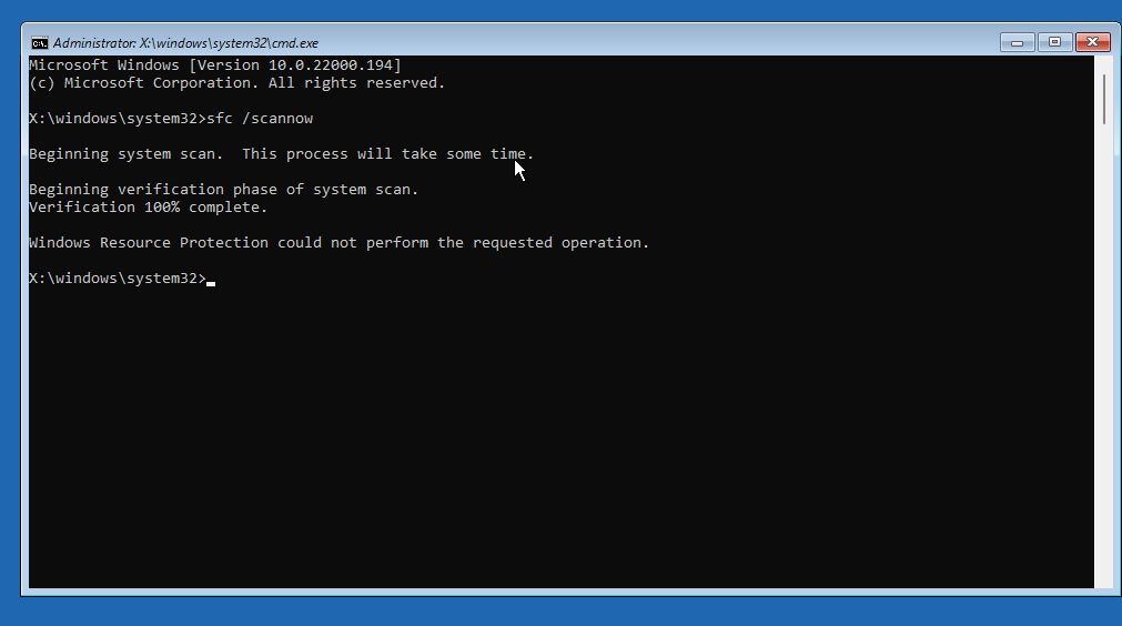 windows recovery command prompt sfc scannow failed