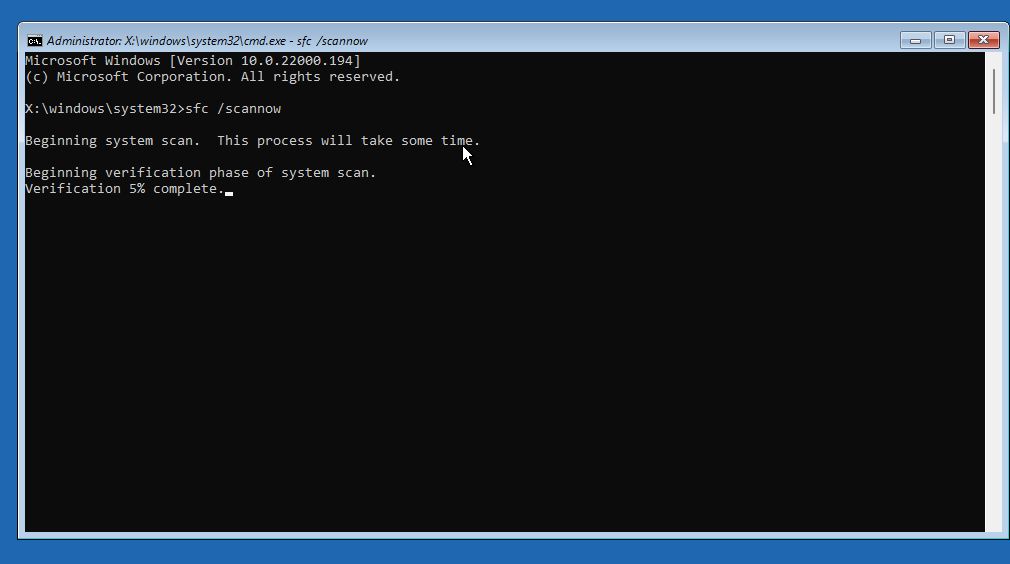 windows recovery command prompt sfc scannow