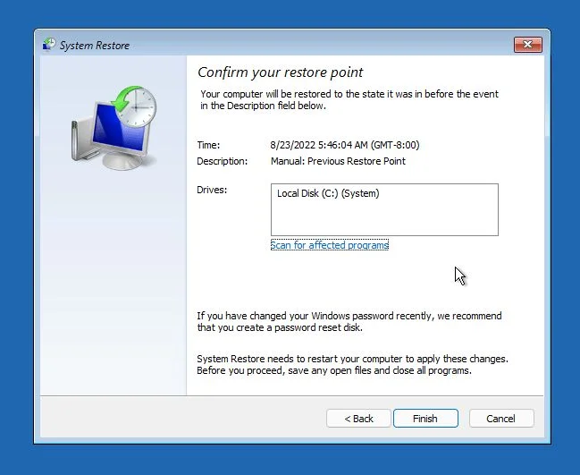 windows recovery confirm system restore point