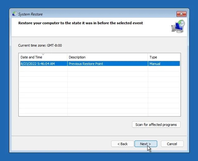 windows recovery select system restore point