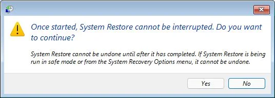 windows recovery system restore warning