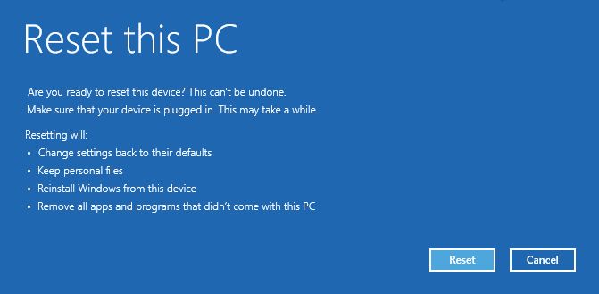 windows recovery troubleshoot reset pc warning message