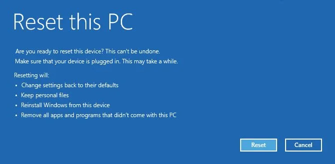 Windowsの回復 トラブルシューティング リセットPC 警告メッセージ