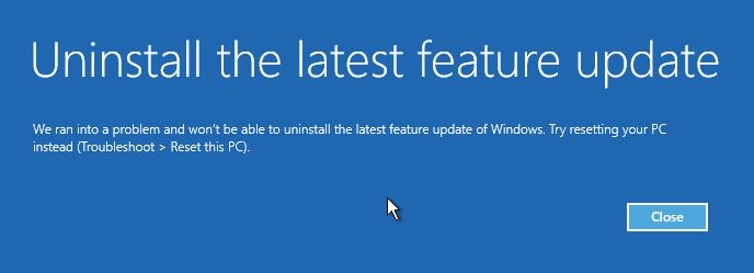 windows recovery uninstall latest feature update error