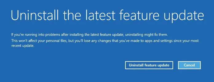 recuperação do windows desinstalar mensagem de atualização da funcionalidade mais recente