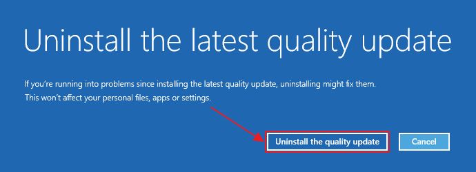 windows recovery uninstall latest quality update message