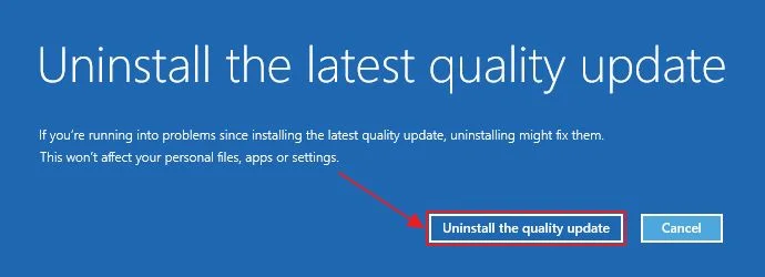 recuperação do windows desinstalar mensagem de atualização de qualidade mais recente