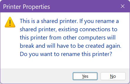 windows rename shared printer warning