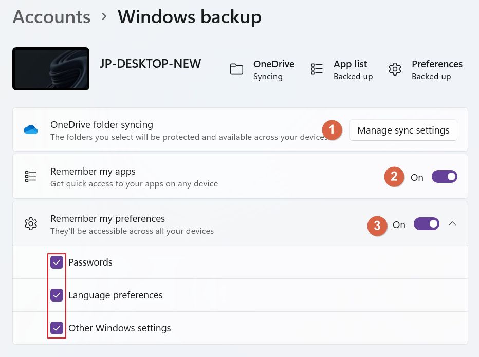windows settings accounts windows backup