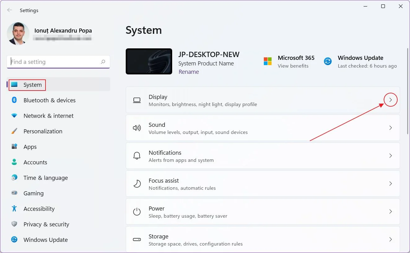 windows settings system display options