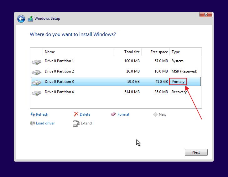 windows setup custom select previous primary partition