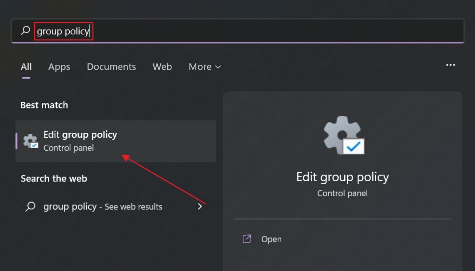 windows start menu search group policy editor